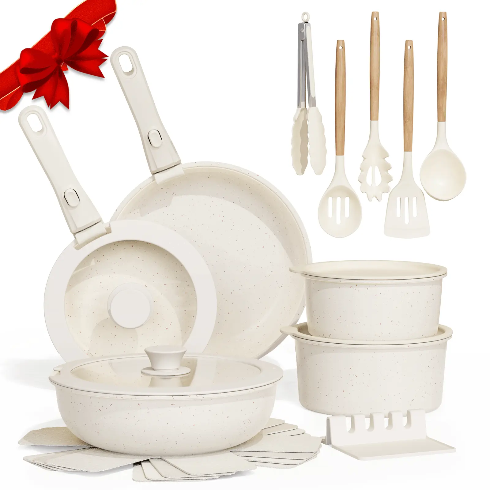 Set de Cocina Antiadherente 21 Piezas con Asa Desmontable, Apto para Horno y Lavavajillas, Diseño Apilable para Ahorrar Espacio