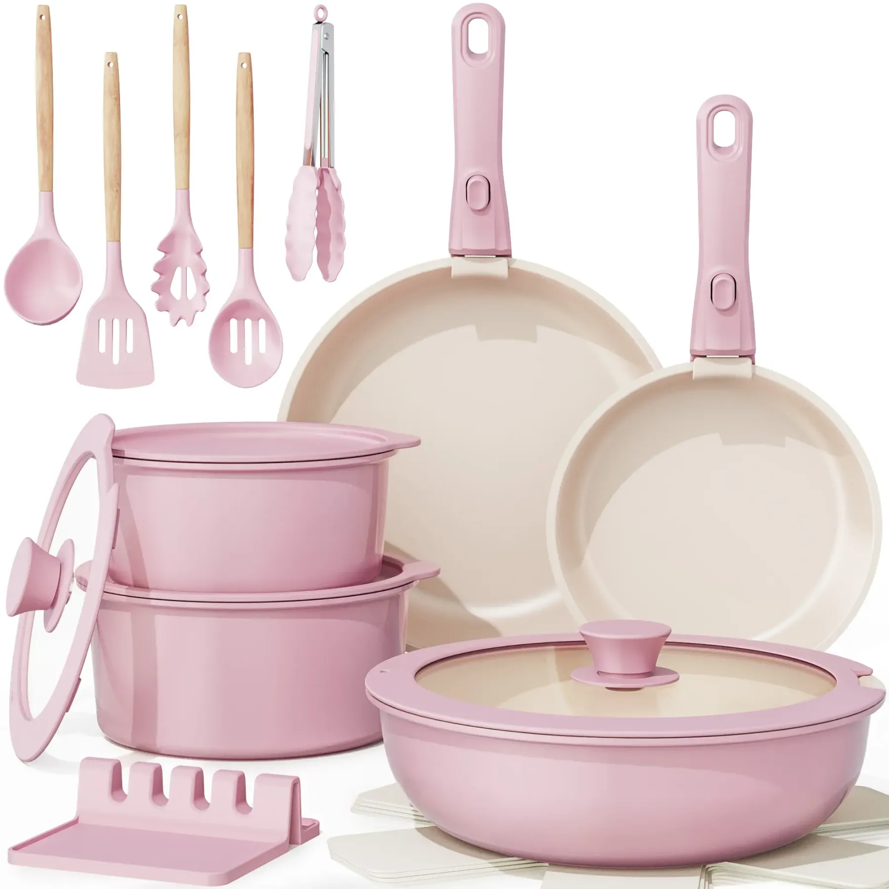 Set de Cocina Antiadherente 21 Piezas con Asa Desmontable, Apto para Horno y Lavavajillas, Diseño Apilable para Ahorrar Espacio