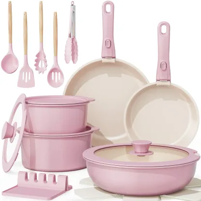 Set de Cocina Antiadherente 21 Piezas con Asa Desmontable, Apto para Horno y Lavavajillas, Diseño Apilable para Ahorrar Espacio