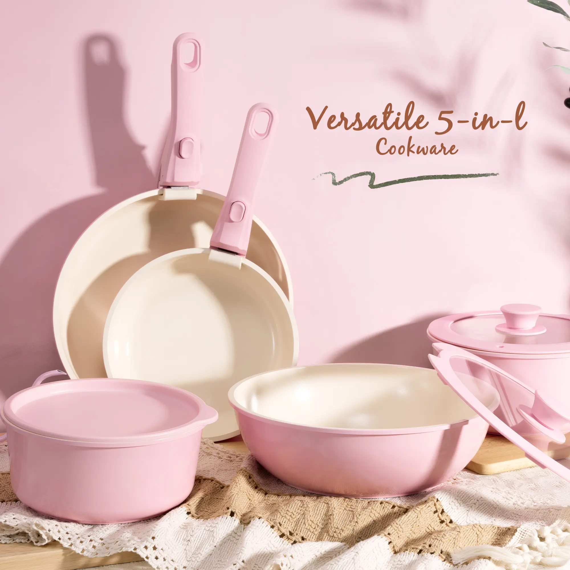 Set de Cocina Antiadherente 21 Piezas con Asa Desmontable, Apto para Horno y Lavavajillas, Diseño Apilable para Ahorrar Espacio