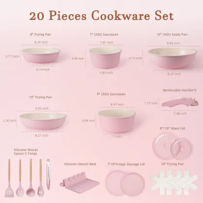 Set de Cocina Antiadherente 21 Piezas con Asa Desmontable, Apto para Horno y Lavavajillas, Diseño Apilable para Ahorrar Espacio