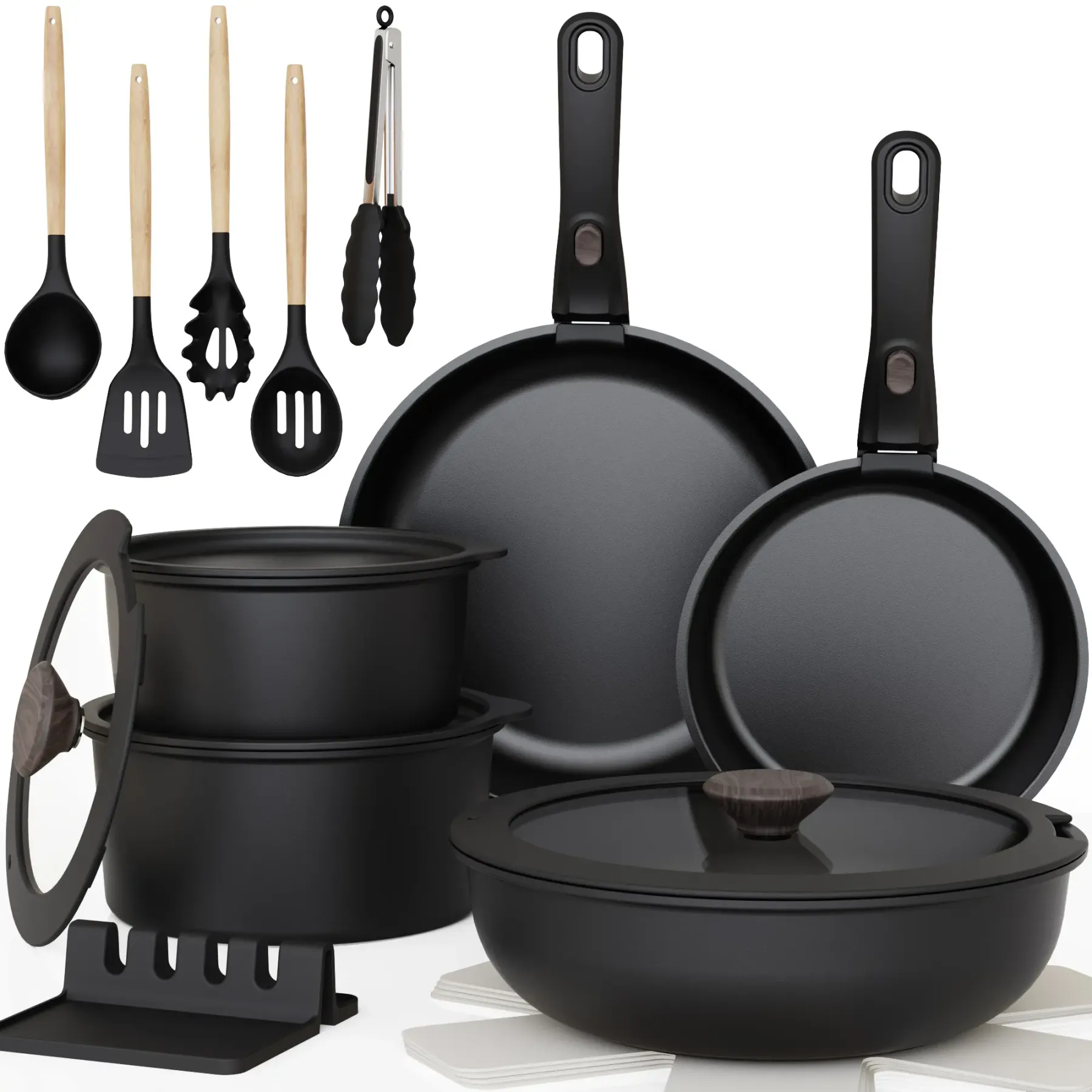 Set de Cocina Antiadherente 21 Piezas con Asa Desmontable, Apto para Horno y Lavavajillas, Diseño Apilable para Ahorrar Espacio