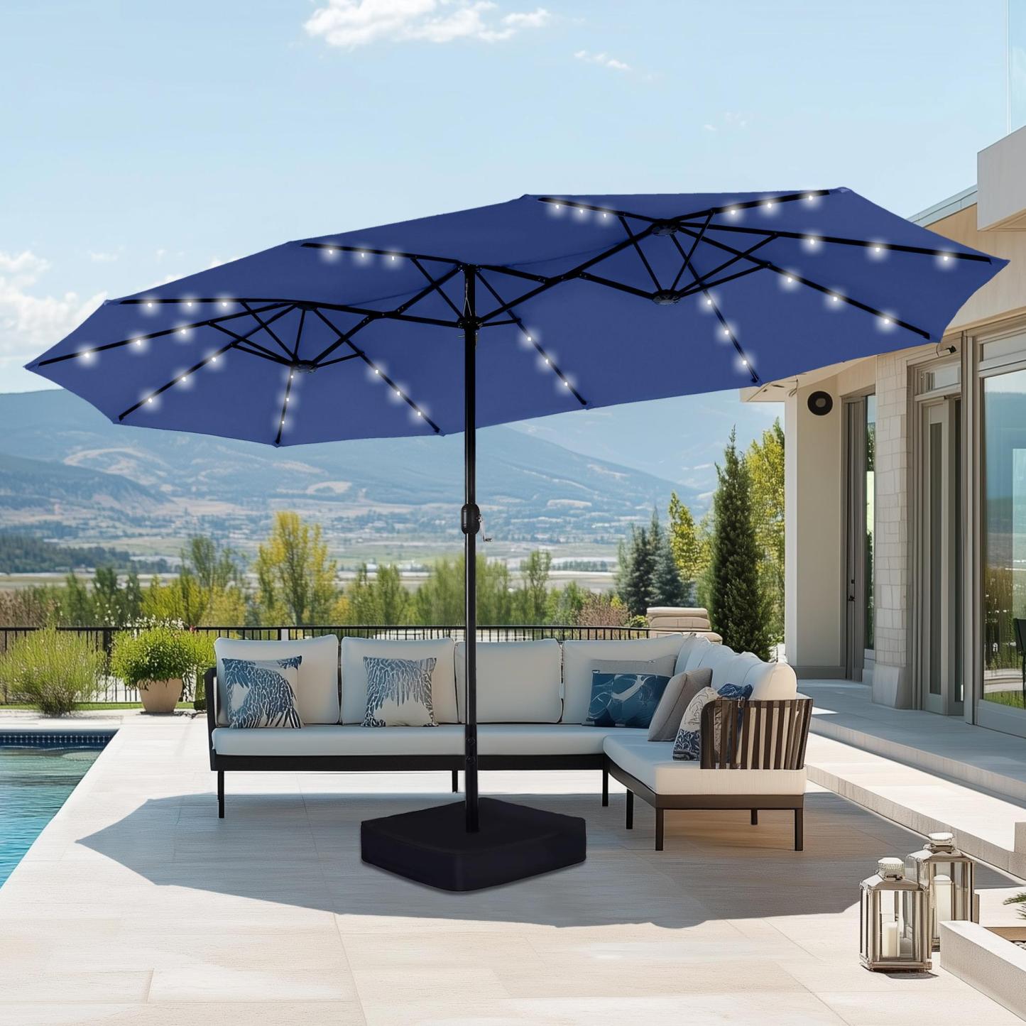 Sombrilla Grande Doble para Exterior 4,6 m con Base, Resistente al Agua, Sistema de Manivela e Iluminación LED, Ideal para Jardín, Terraza, Patio y Piscina