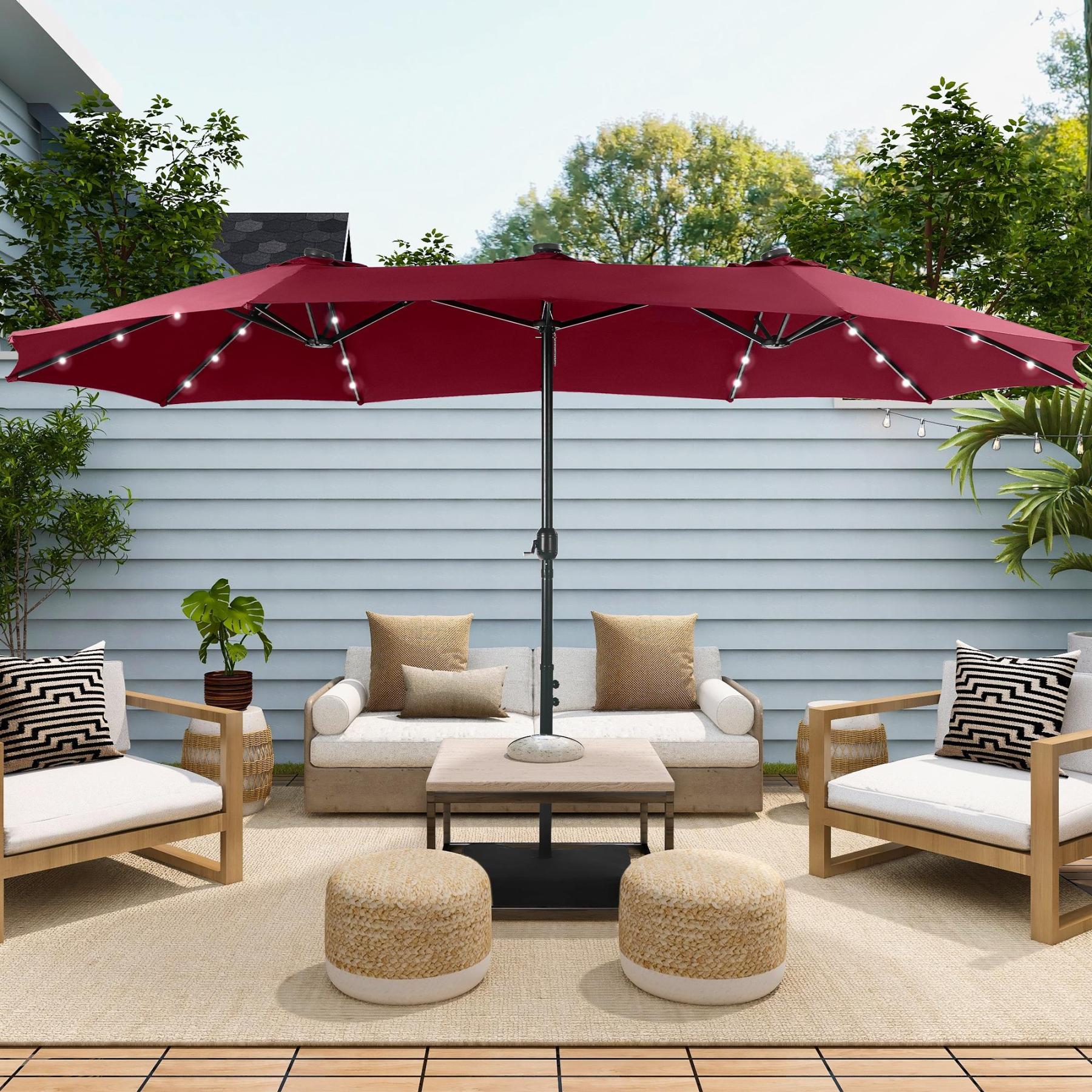 Sombrilla Grande Doble para Exterior 4,6 m con Base, Resistente al Agua, Sistema de Manivela e Iluminación LED, Ideal para Jardín, Terraza, Patio y Piscina