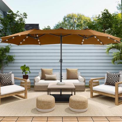 Sombrilla Grande Doble para Exterior 4,6 m con Base, Resistente al Agua, Sistema de Manivela e Iluminación LED, Ideal para Jardín, Terraza, Patio y Piscina