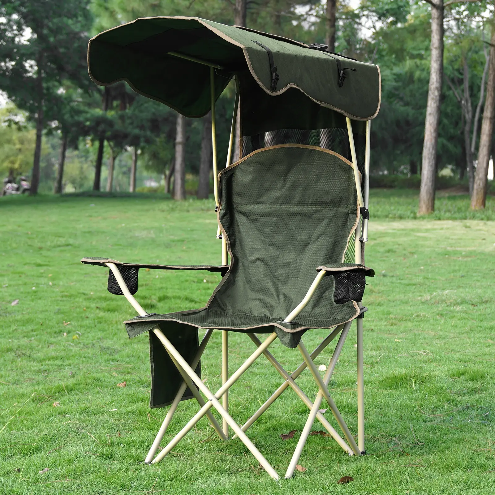 Silla Plegable de Exterior con Parasol Integrado, Asiento Extra Ancho para Camping, Playa, Jardín y Pesca, con Portavasos y Bolsa de Transporte