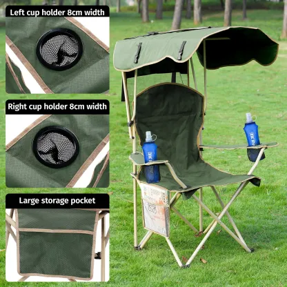 Silla Plegable de Exterior con Parasol Integrado, Asiento Extra Ancho para Camping, Playa, Jardín y Pesca, con Portavasos y Bolsa de Transporte