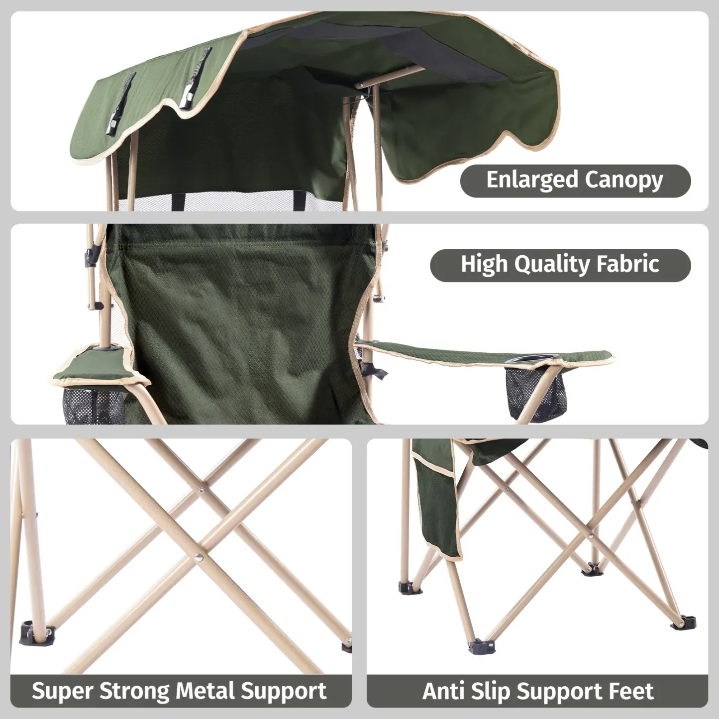 Silla Plegable de Exterior con Parasol Integrado, Asiento Extra Ancho para Camping, Playa, Jardín y Pesca, con Portavasos y Bolsa de Transporte