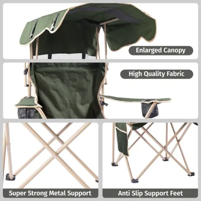 Silla Plegable de Exterior con Parasol Integrado, Asiento Extra Ancho para Camping, Playa, Jardín y Pesca, con Portavasos y Bolsa de Transporte