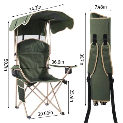 Silla Plegable de Exterior con Parasol Integrado, Asiento Extra Ancho para Camping, Playa, Jardín y Pesca, con Portavasos y Bolsa de Transporte