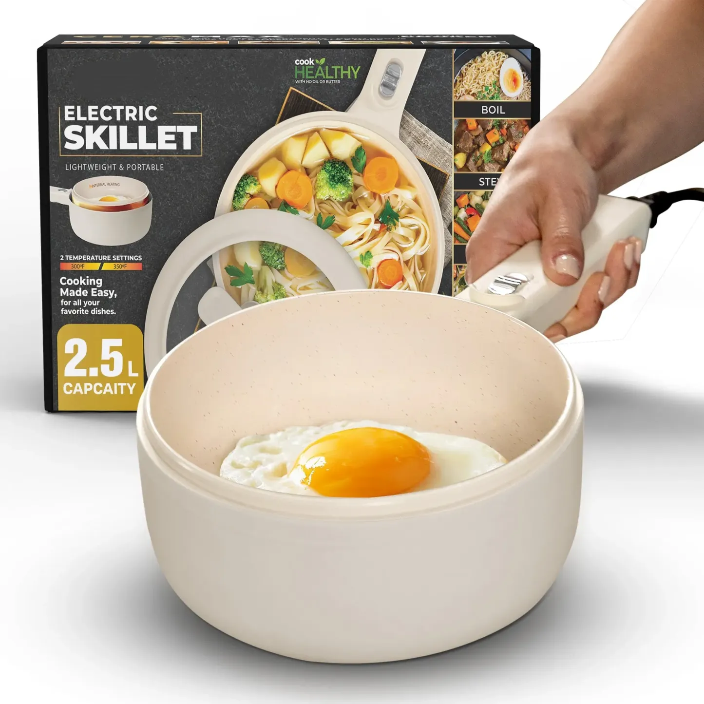 Mini Olla Eléctrica Antiadherente de Cerámica con Vaporera y Tapa, Cocina Eléctrica Multifunción para Fideos, Sopas, Verduras y Comidas Rápidas