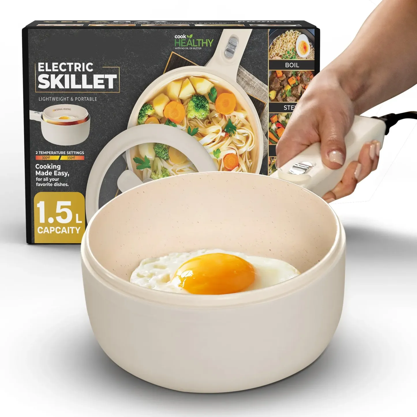 Mini Olla Eléctrica Antiadherente de Cerámica con Vaporera y Tapa, Cocina Eléctrica Multifunción para Fideos, Sopas, Verduras y Comidas Rápidas