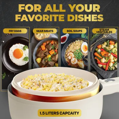 Mini Olla Eléctrica Antiadherente de Cerámica con Vaporera y Tapa, Cocina Eléctrica Multifunción para Fideos, Sopas, Verduras y Comidas Rápidas