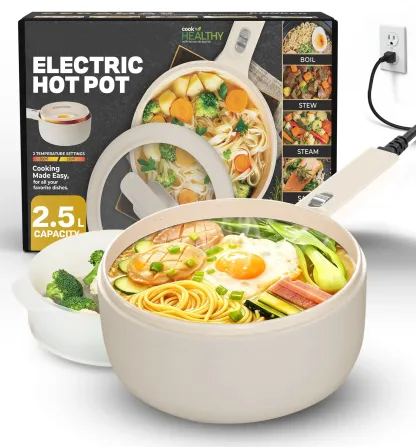 Mini Olla Eléctrica Antiadherente de Cerámica con Vaporera y Tapa, Cocina Eléctrica Multifunción para Fideos, Sopas, Verduras y Comidas Rápidas