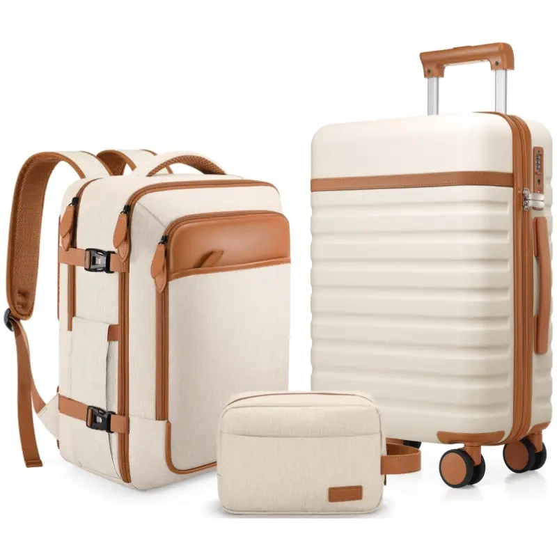 Set de Equipaje Rígido 3 Piezas con Mochila de Viaje, Maletas con Cerradura TSA y Ruedas 360°, Ultraligeras y Resistentes para Vacaciones y Negocios