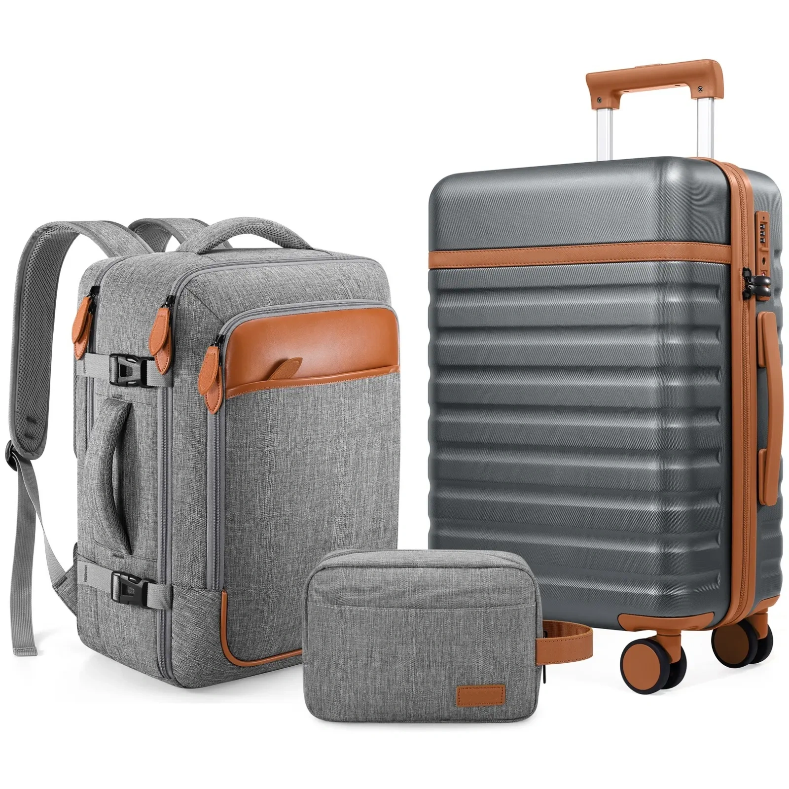 Set de Equipaje Rígido 3 Piezas con Mochila de Viaje, Maletas con Cerradura TSA y Ruedas 360°, Ultraligeras y Resistentes para Vacaciones y Negocios