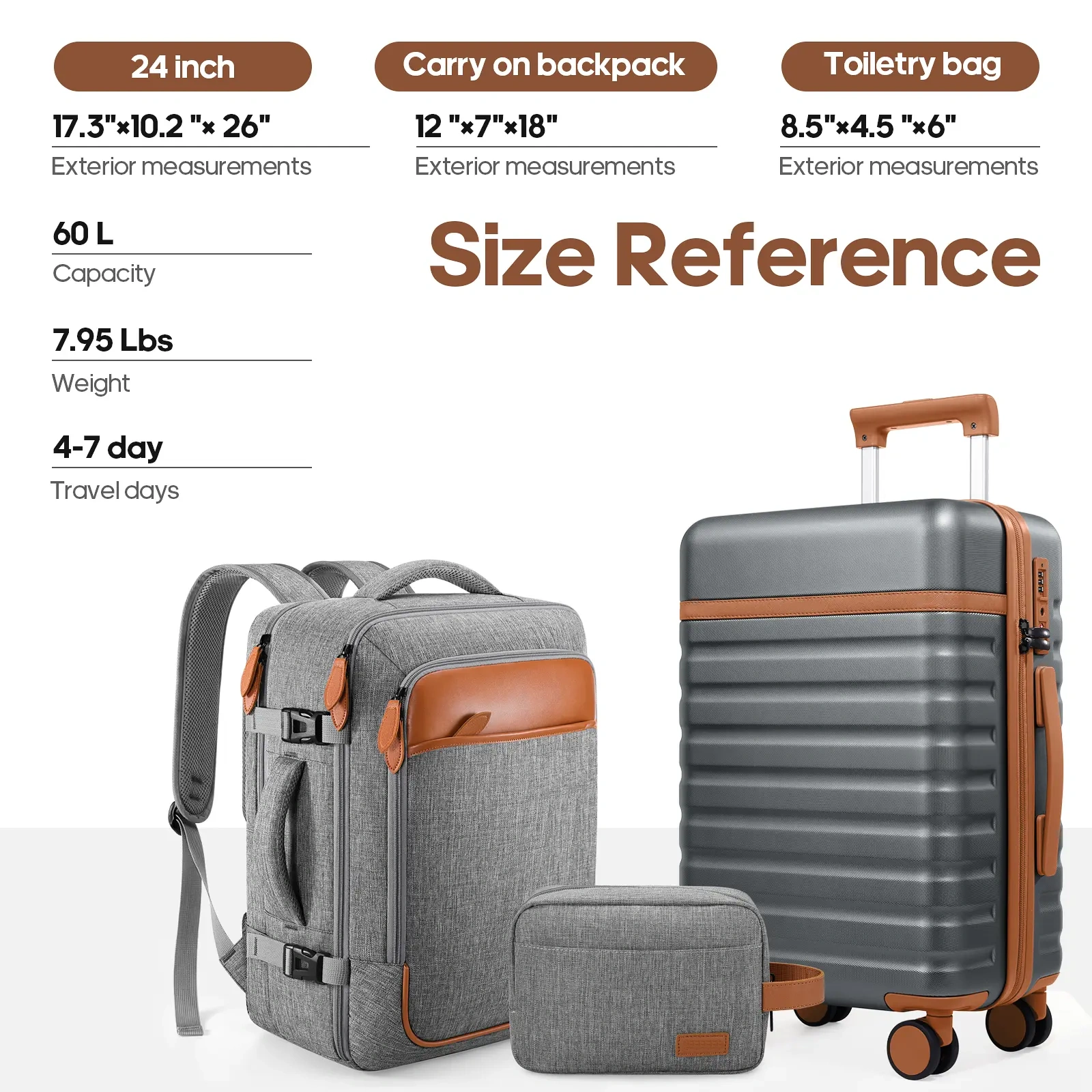 Set de Equipaje Rígido 3 Piezas con Mochila de Viaje, Maletas con Cerradura TSA y Ruedas 360°, Ultraligeras y Resistentes para Vacaciones y Negocios