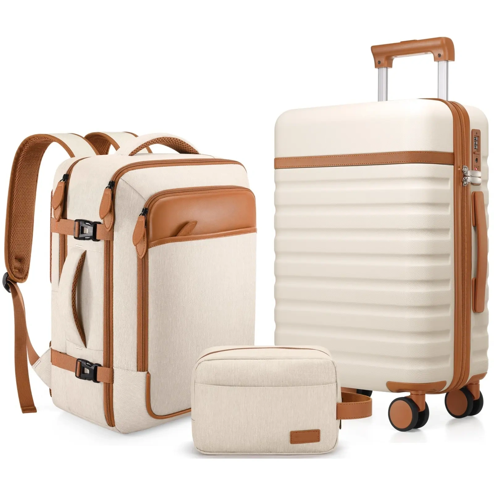 Set de Equipaje Rígido 3 Piezas con Mochila de Viaje, Maletas con Cerradura TSA y Ruedas 360°, Ultraligeras y Resistentes para Vacaciones y Negocios