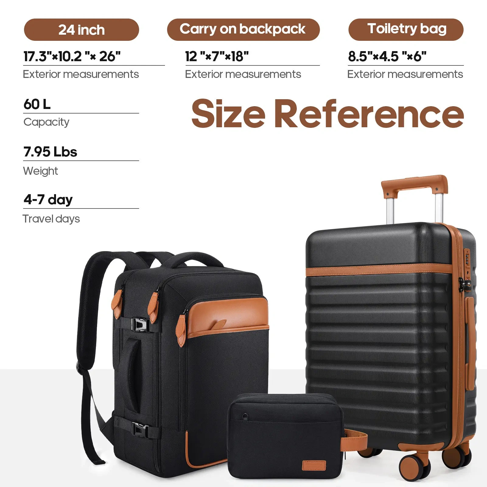 Set de Equipaje Rígido 3 Piezas con Mochila de Viaje, Maletas con Cerradura TSA y Ruedas 360°, Ultraligeras y Resistentes para Vacaciones y Negocios