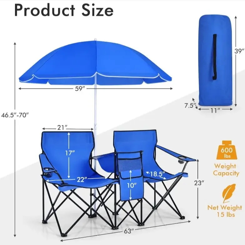 Silla Doble Plegable para Camping con Sombrilla Desmontable, Bolsa Térmica y Portavasos, Ideal para Playa, Picnic, Fútbol y Béisbol