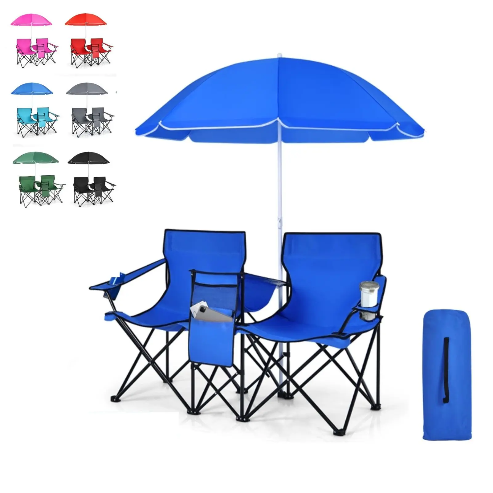 Silla Doble Plegable para Camping con Sombrilla Desmontable, Bolsa Térmica y Portavasos, Ideal para Playa, Picnic, Fútbol y Béisbol