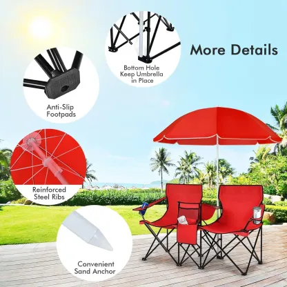 Silla Doble Plegable para Camping con Sombrilla Desmontable, Bolsa Térmica y Portavasos, Ideal para Playa, Picnic, Fútbol y Béisbol