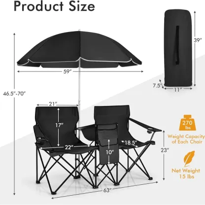 Silla Doble Plegable para Camping con Sombrilla Desmontable, Bolsa Térmica y Portavasos, Ideal para Playa, Picnic, Fútbol y Béisbol