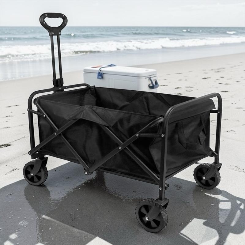 Carro de Playa Plegable con Asa | Material Acero y Tela Oxford | Color Negro | 4 Ruedas silenciosas de 360º | Medidas 76x49x63/86 cm | Peso Máx 120 Kg | Palanca Push-Pull Ajustable
