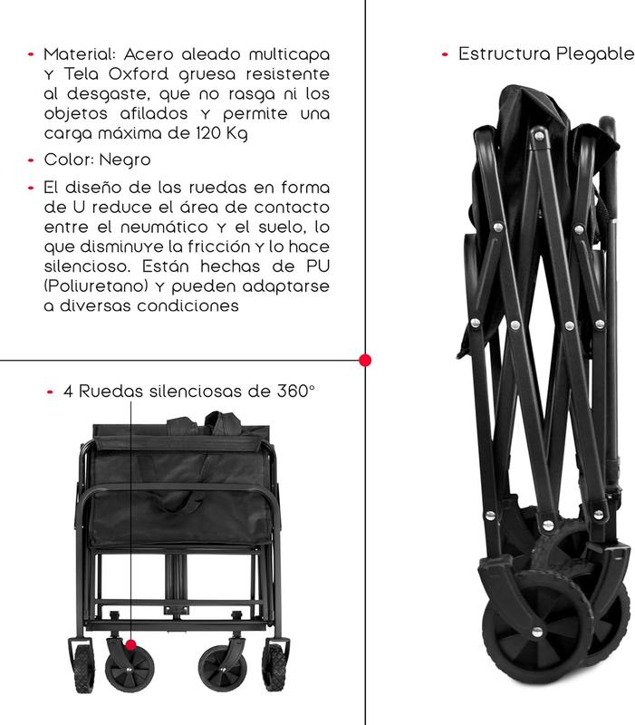 Carro de Playa Plegable con Asa | Material Acero y Tela Oxford | Color Negro | 4 Ruedas silenciosas de 360º | Medidas 76x49x63/86 cm | Peso Máx 120 Kg | Palanca Push-Pull Ajustable