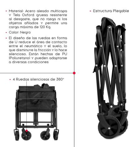 Carro de Playa Plegable con Asa | Material Acero y Tela Oxford | Color Negro | 4 Ruedas silenciosas de 360º | Medidas 76x49x63/86 cm | Peso Máx 120 Kg | Palanca Push-Pull Ajustable