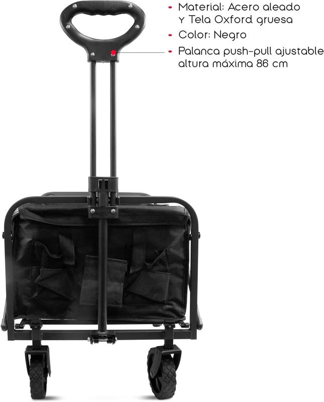 Carro de Playa Plegable con Asa | Material Acero y Tela Oxford | Color Negro | 4 Ruedas silenciosas de 360º | Medidas 76x49x63/86 cm | Peso Máx 120 Kg | Palanca Push-Pull Ajustable