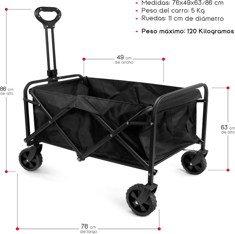 Carro de Playa Plegable con Asa | Material Acero y Tela Oxford | Color Negro | 4 Ruedas silenciosas de 360º | Medidas 76x49x63/86 cm | Peso Máx 120 Kg | Palanca Push-Pull Ajustable