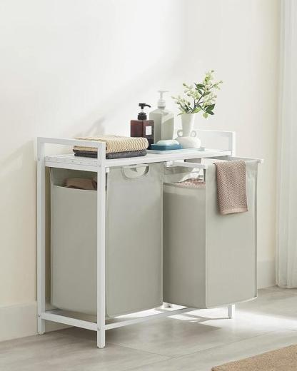 Cesto para Ropa Sucia con 2 Bolsas Extraíbles de 46L, Estante Superior y Estructura Metálica Resistente, Organizador para Baño y Dormitorio