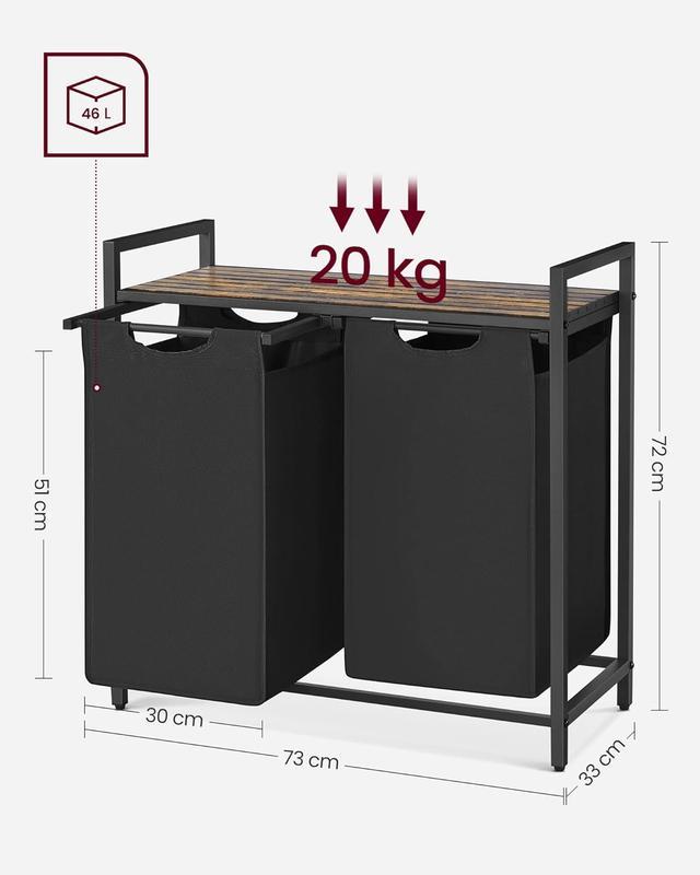 Cesto para Ropa Sucia con 2 Bolsas Extraíbles de 46L, Estante Superior y Estructura Metálica Resistente, Organizador para Baño y Dormitorio