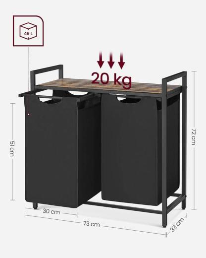 Cesto para Ropa Sucia con 2 Bolsas Extraíbles de 46L, Estante Superior y Estructura Metálica Resistente, Organizador para Baño y Dormitorio