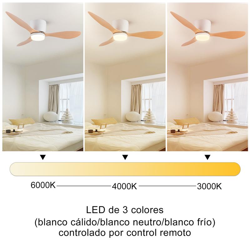LED Ventilador de Techo 42" con Luz LED Regulable – 3000K-6000K, 85-265V，Blanco/Madera Claro/Negro/Nogal Negro