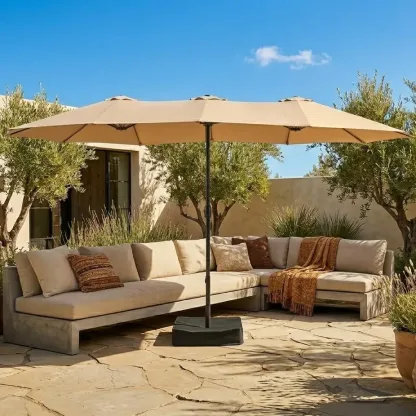 Sombrilla de patio grande de 15 pies (4,5 m) con base incluida; parasol rectangular de doble cara para exteriores con manivela, ideal para piscina, jardín o patio trasero (color caqui).