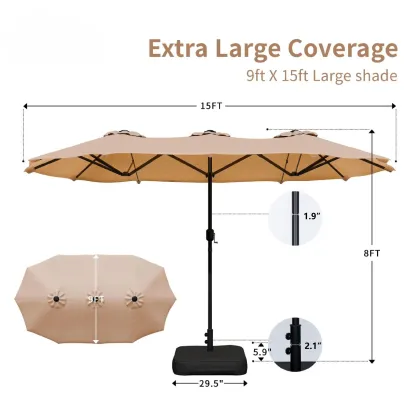 Sombrilla de patio grande de 15 pies (4,5 m) con base incluida; parasol rectangular de doble cara para exteriores con manivela, ideal para piscina, jardín o patio trasero (color caqui).