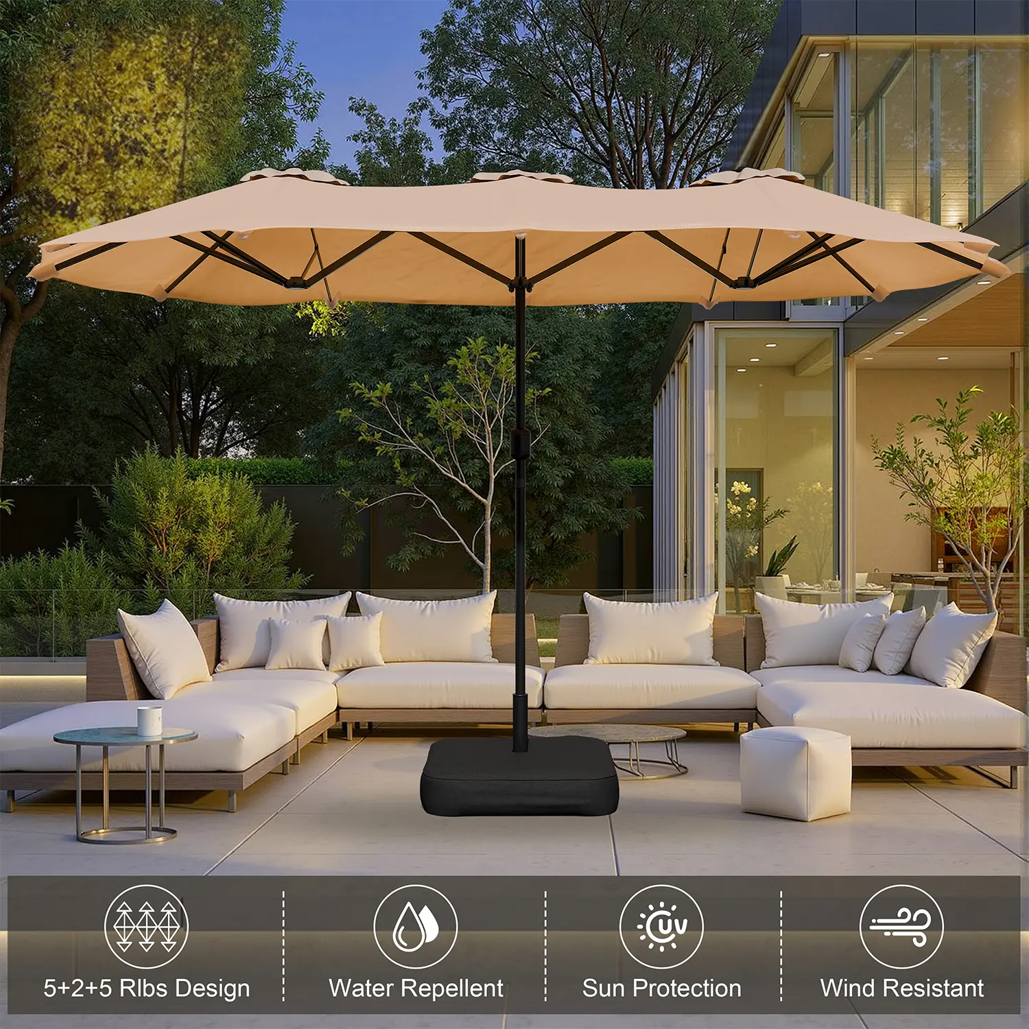 Sombrilla de patio grande de 15 pies (4,5 m) con base incluida; parasol rectangular de doble cara para exteriores con manivela, ideal para piscina, jardín o patio trasero (color caqui).