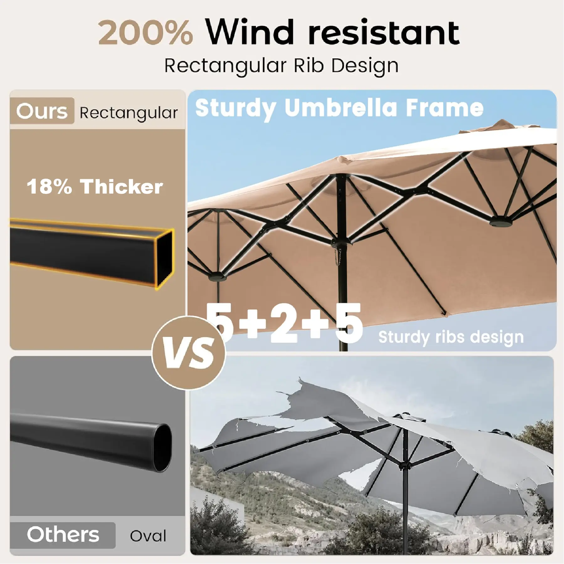 Sombrilla de patio grande de 15 pies (4,5 m) con base incluida; parasol rectangular de doble cara para exteriores con manivela, ideal para piscina, jardín o patio trasero (color caqui).