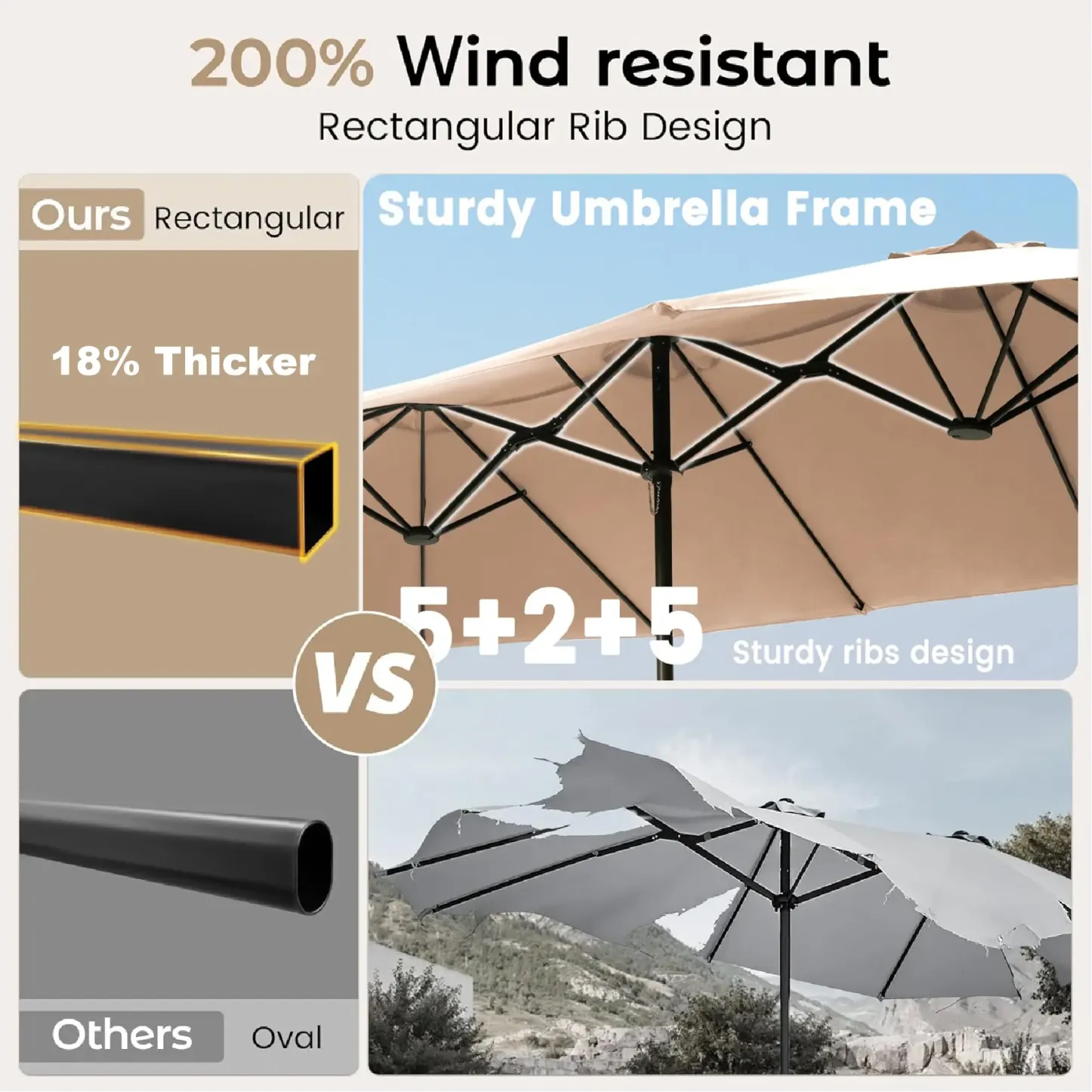 Sombrilla de patio grande de 15 pies (4,5 m) con base incluida; parasol rectangular de doble cara para exteriores con manivela, ideal para piscina, jardín o patio trasero (color caqui).