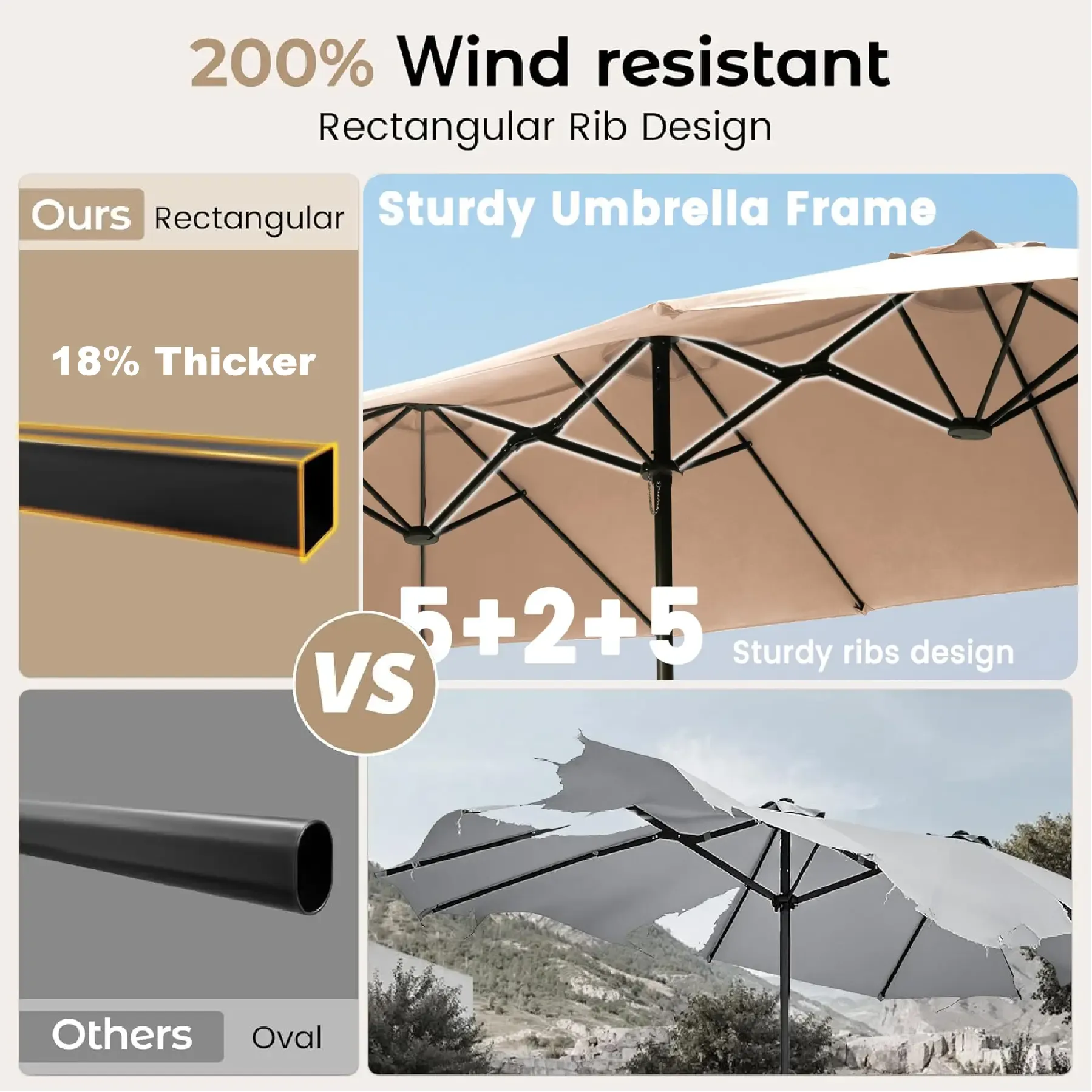 Sombrilla de patio grande de 15 pies (4,5 m) con base incluida; parasol rectangular de doble cara para exteriores con manivela, ideal para piscina, jardín o patio trasero (color caqui).