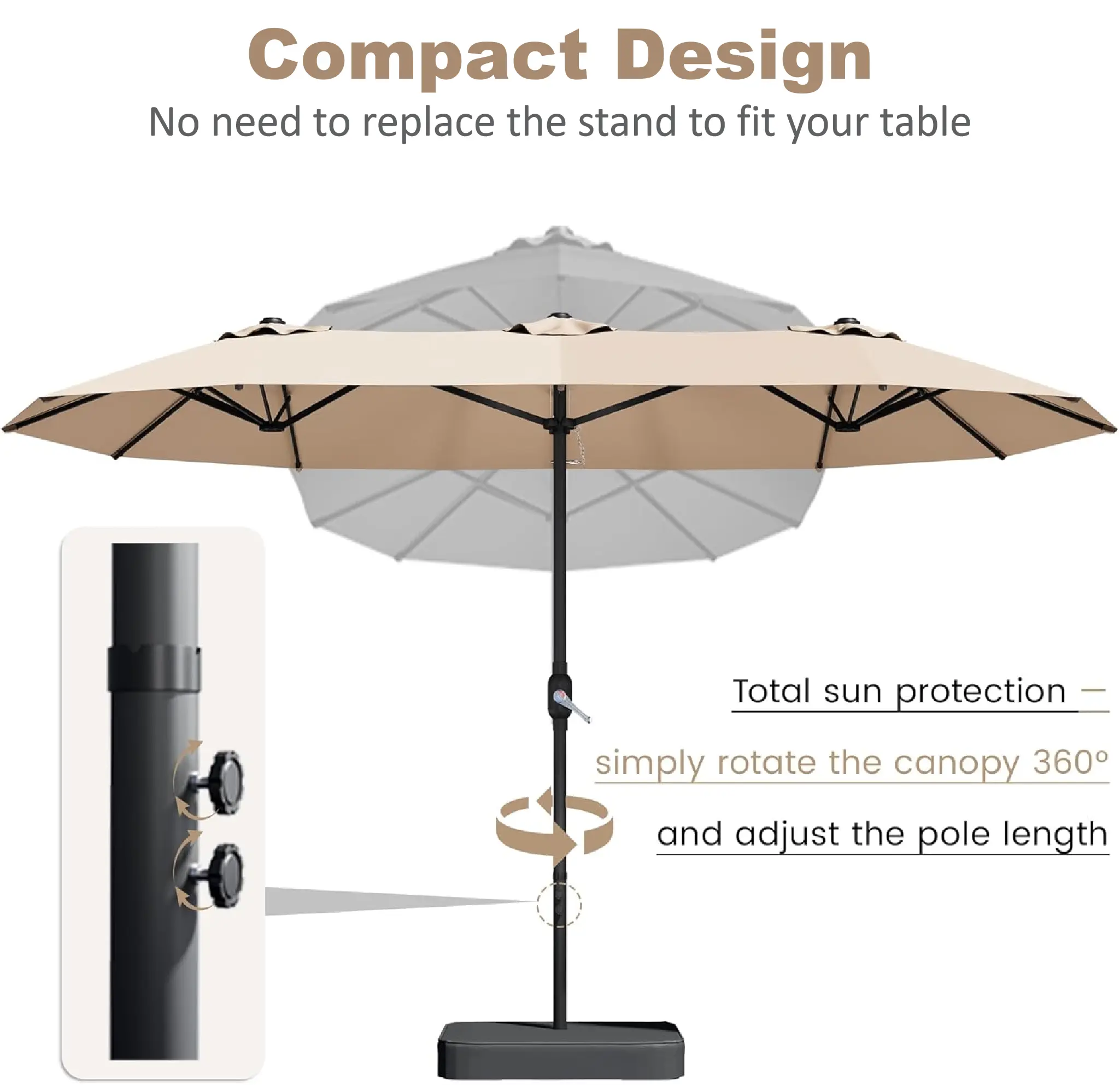 Sombrilla de patio grande de 15 pies (4,5 m) con base incluida; parasol rectangular de doble cara para exteriores con manivela, ideal para piscina, jardín o patio trasero (color caqui).