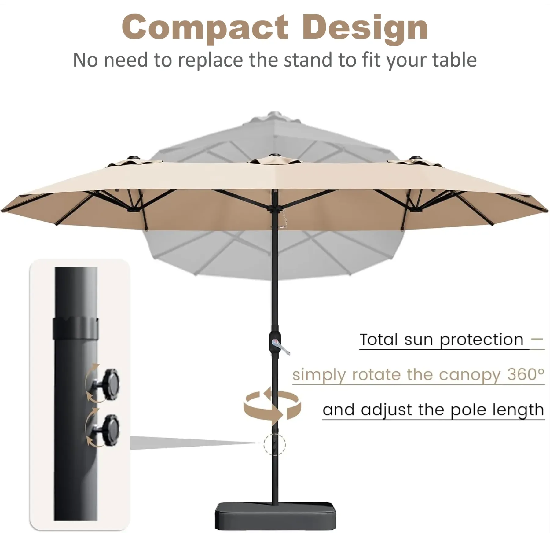 Sombrilla de patio grande de 15 pies (4,5 m) con base incluida; parasol rectangular de doble cara para exteriores con manivela, ideal para piscina, jardín o patio trasero (color caqui).