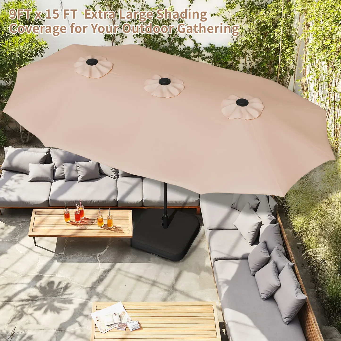 Sombrilla de patio grande de 15 pies (4,5 m) con base incluida; parasol rectangular de doble cara para exteriores con manivela, ideal para piscina, jardín o patio trasero (color caqui).