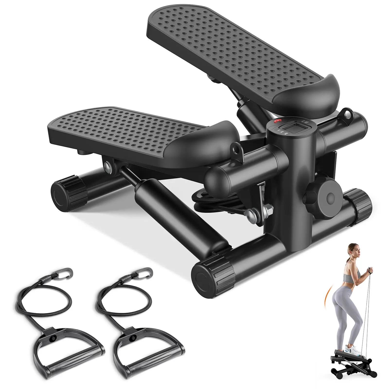 Mini stepper para hacer ejercicio en casa, máquina de step con bandas de resistencia, máquina de cardio compacta, equipo de entrenamiento ajustable para espacios pequeños en el hogar u oficina.