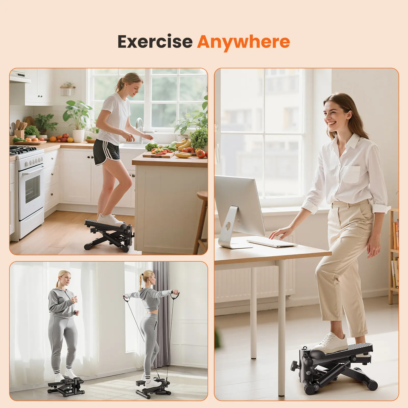 Mini stepper para hacer ejercicio en casa, máquina de step con bandas de resistencia, máquina de cardio compacta, equipo de entrenamiento ajustable para espacios pequeños en el hogar u oficina.