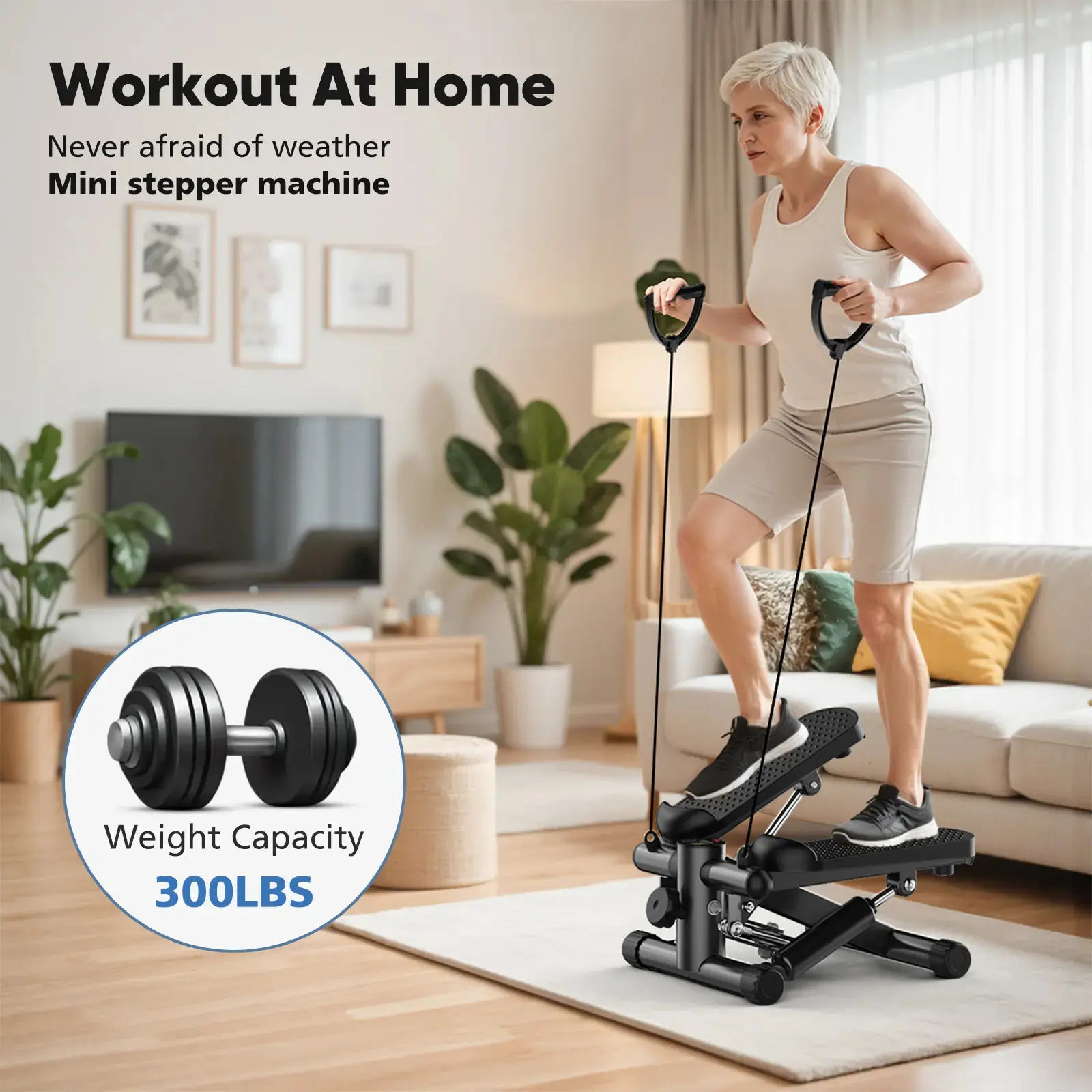 Mini stepper para hacer ejercicio en casa, máquina de step con bandas de resistencia, máquina de cardio compacta, equipo de entrenamiento ajustable para espacios pequeños en el hogar u oficina.