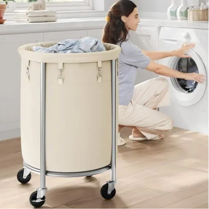 Cesto para la ropa con ruedas, carrito para la ropa con ruedas, carro redondo con estructura de acero y bolsa extraíble, organizador.