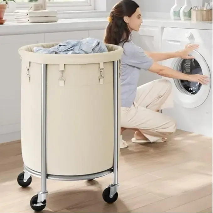 Cesto para la ropa con ruedas, carrito para la ropa con ruedas, carro redondo con estructura de acero y bolsa extraíble, organizador.